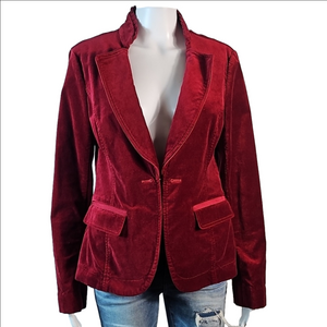 White House Black Market Wine Red Stretch Velvet Ruffle Trim Jacket Blazer